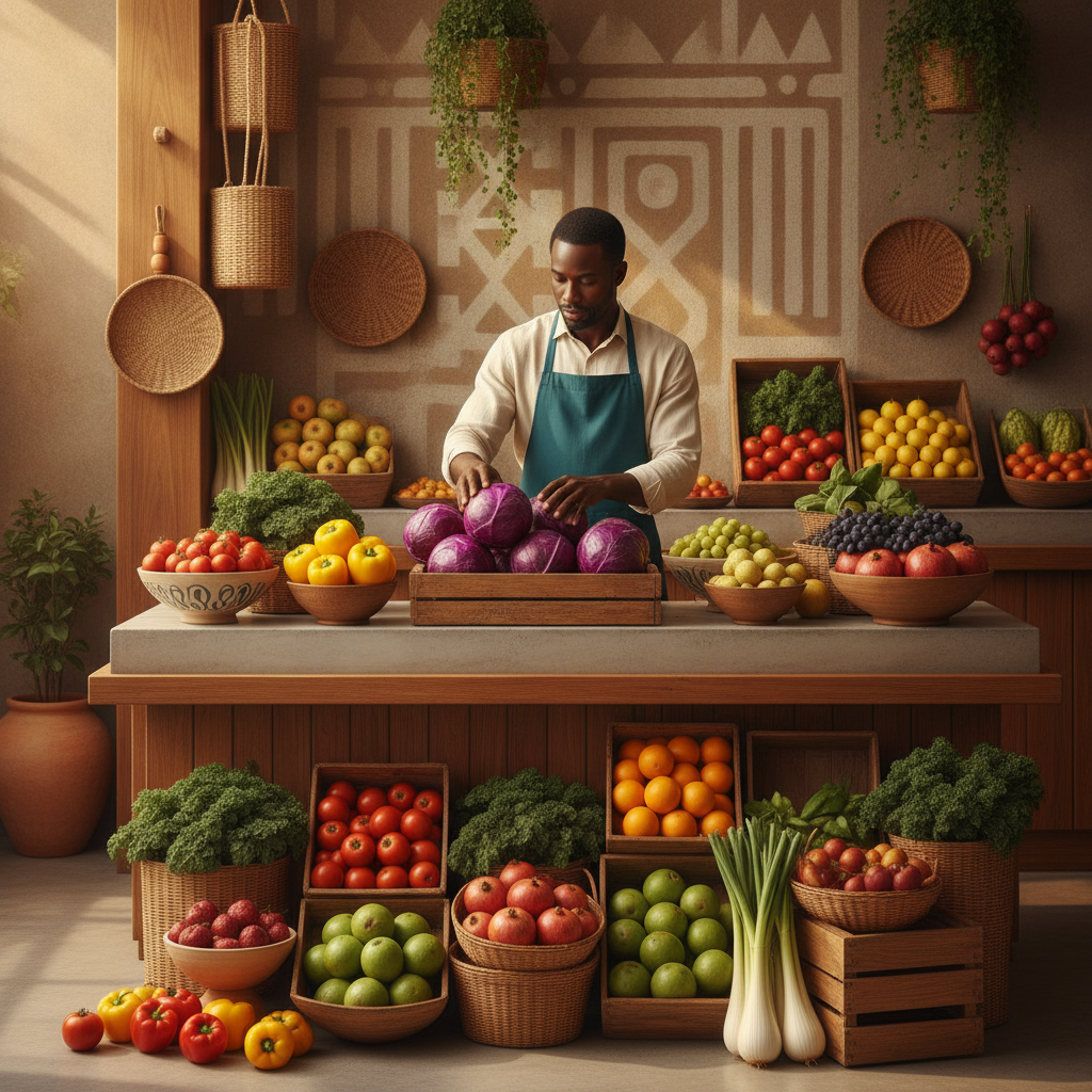 A modern branded township fruit and veg stall a modern branded fruit and veg stall at golden hour