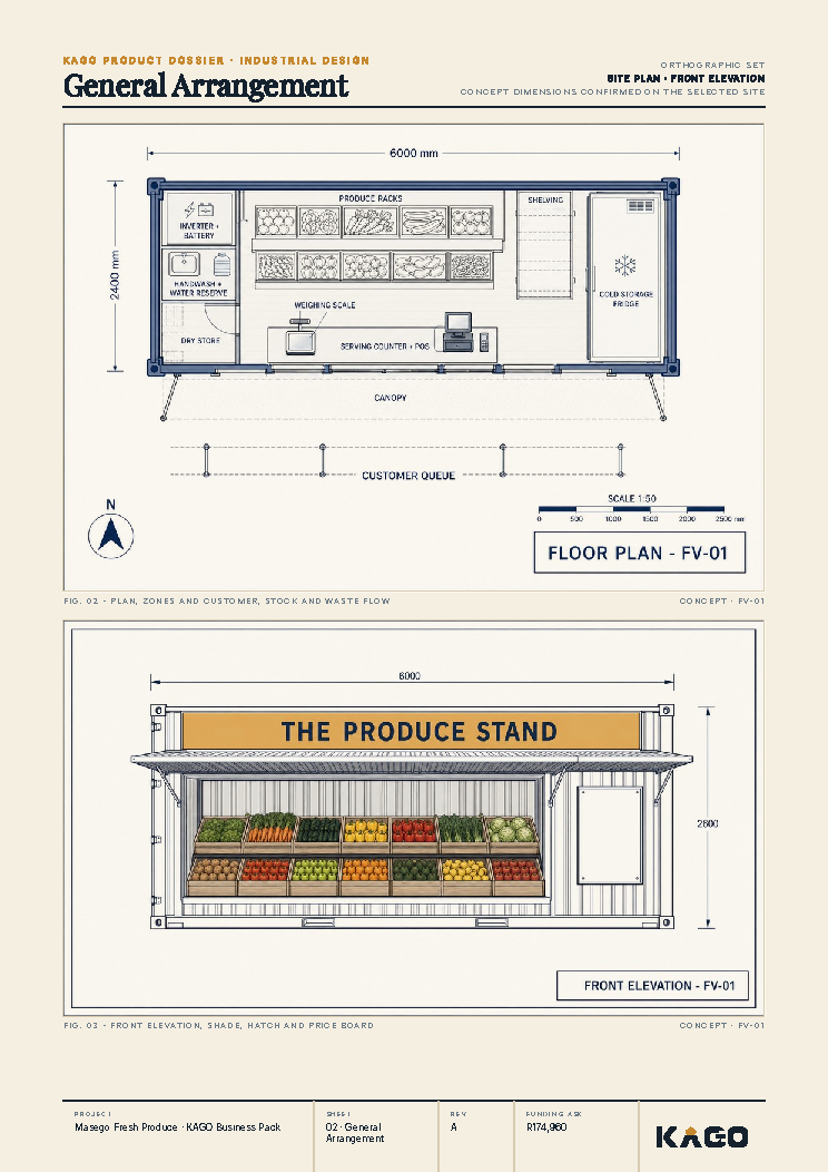 Floor plan and side elevation technical drawing of the fruit and veg stall