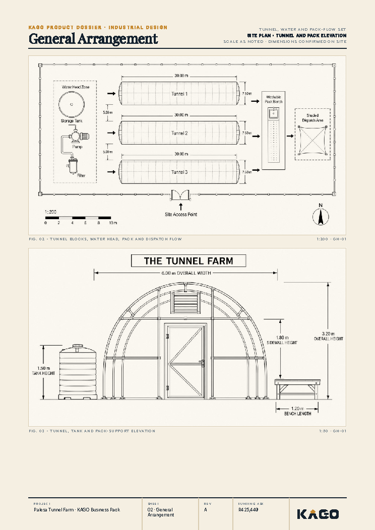 Floor plan and side elevation technical drawing of the greenhouse
