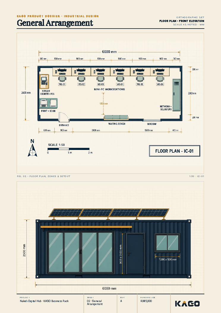 Floor plan and side elevation technical drawing of the internet cafe