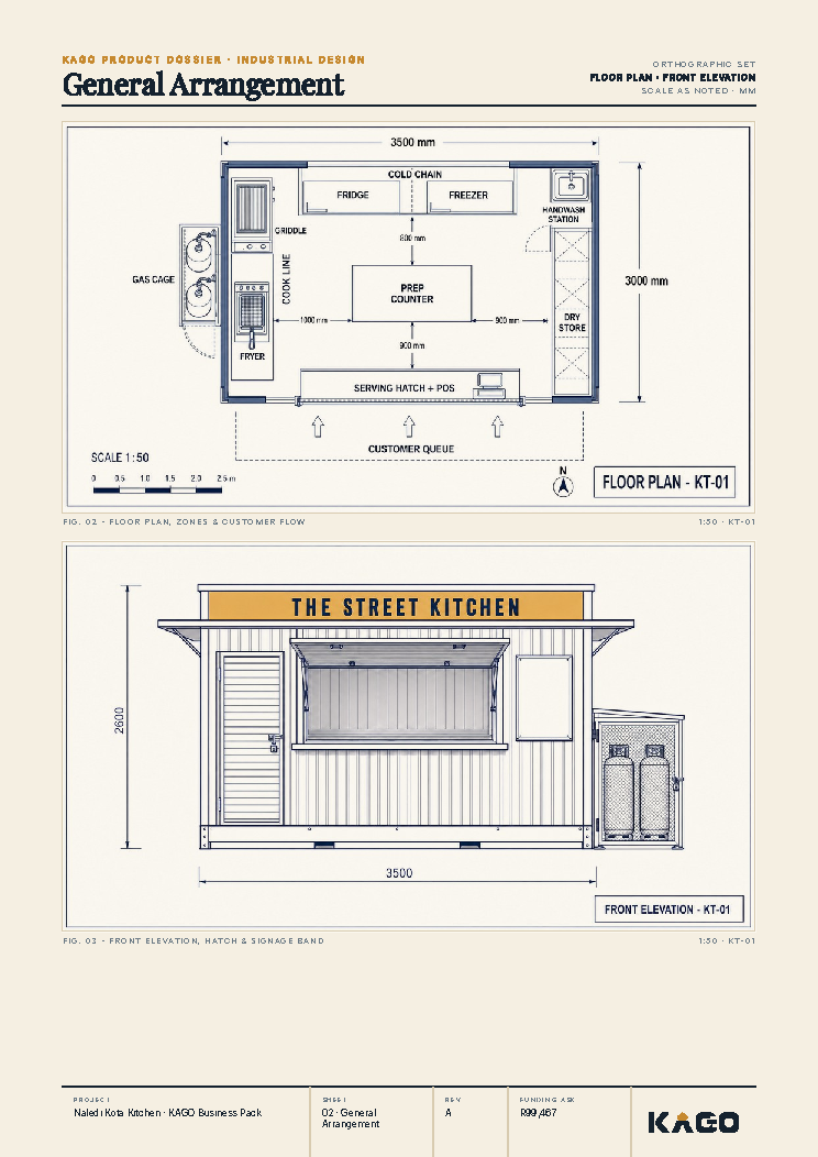 Floor plan and side elevation technical drawing of the kota stand