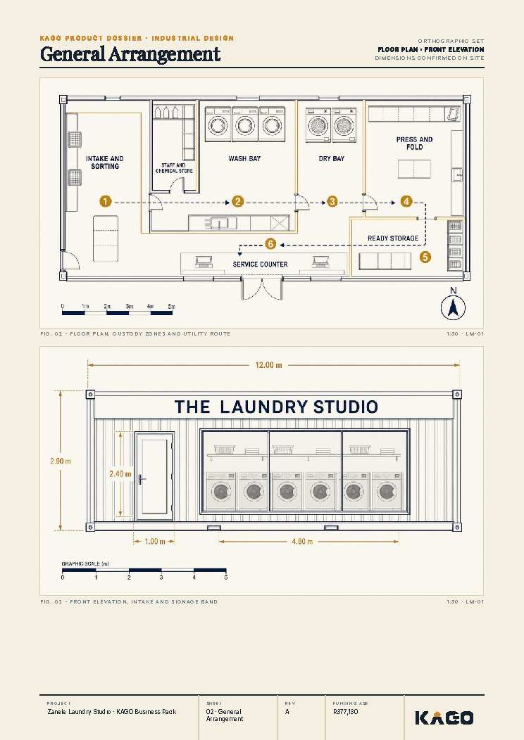 Floor plan and side elevation technical drawing of the laundromat