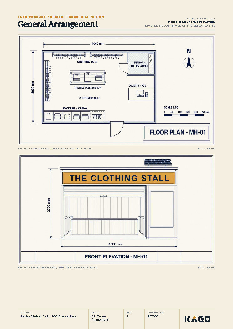 Floor plan and side elevation technical drawing of the clothing stall