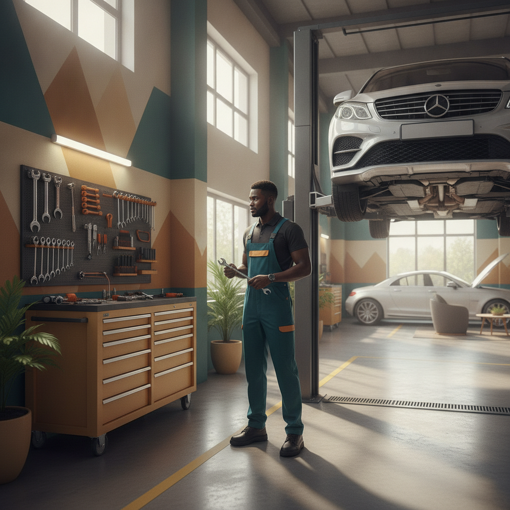 A modern branded township mechanic workshop a modern branded mechanic workshop at golden hour