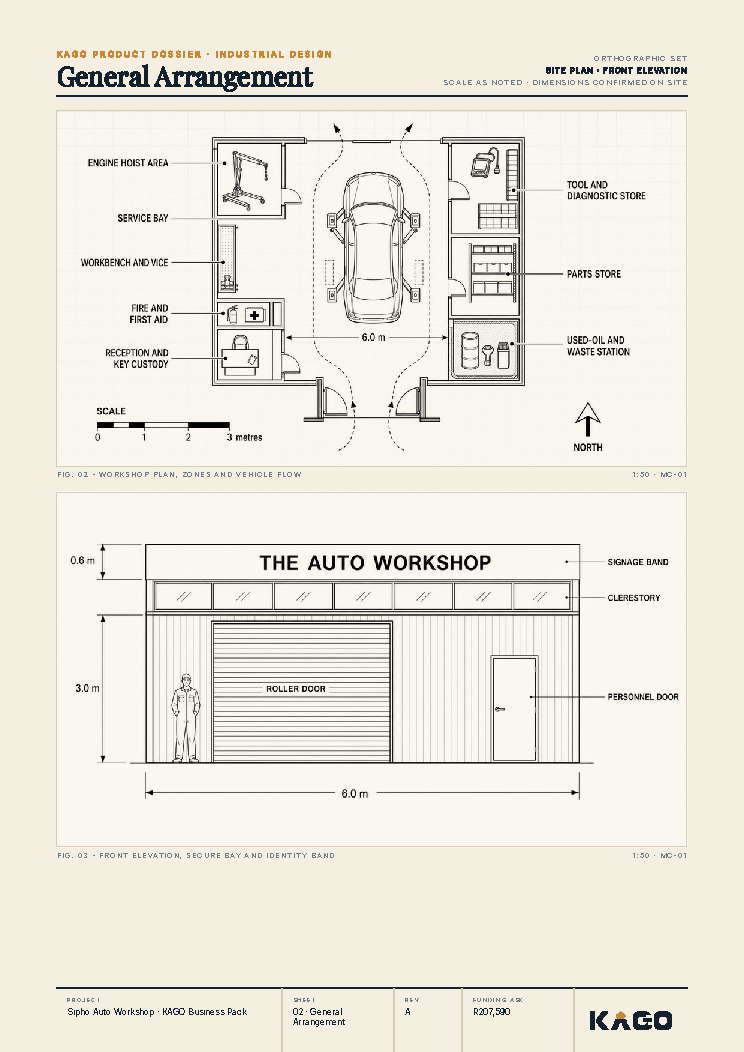 Floor plan and side elevation technical drawing of the mechanic workshop