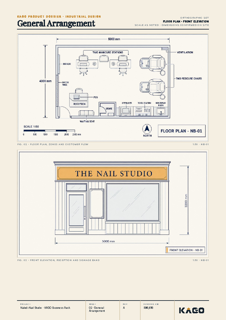 Floor plan and side elevation technical drawing of the nail bar