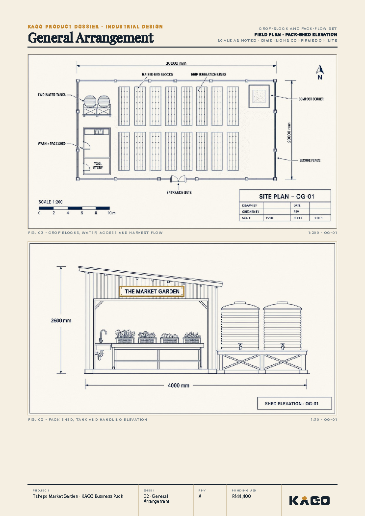 Floor plan and side elevation technical drawing of the market garden