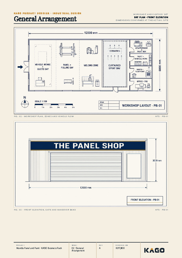 Floor plan and side elevation technical drawing of the panel-beating shop