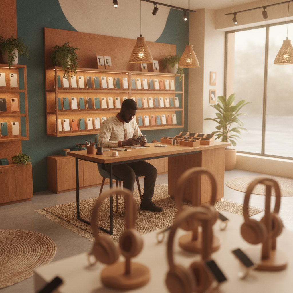 A modern branded township phone-repair shop a modern branded phone-repair shop at golden hour