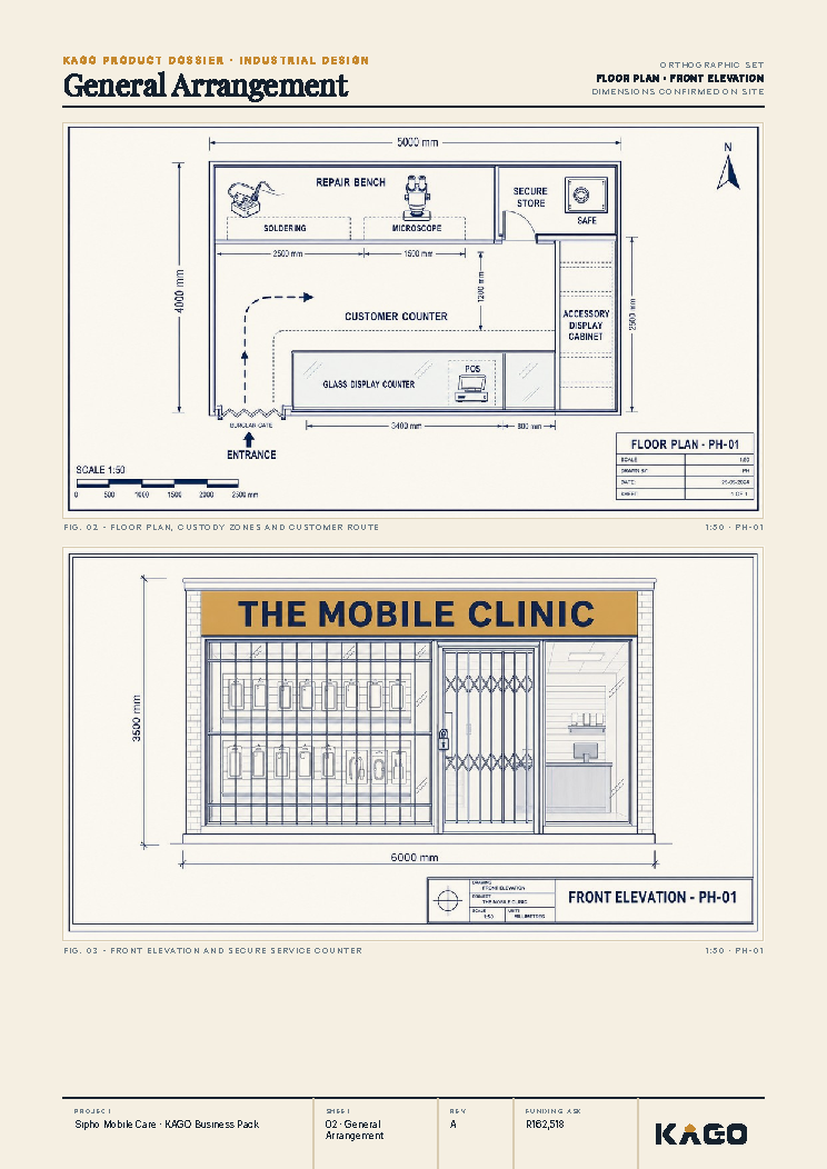 Floor plan and side elevation technical drawing of the phone-repair shop