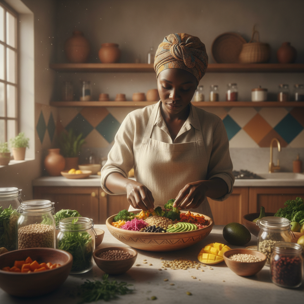 A modern branded township plant-based kitchen a modern branded plant-based kitchen at golden hour