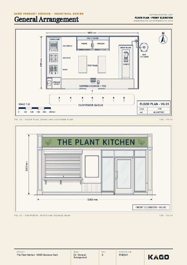 Floor plan and side elevation technical drawing of the plant-based kitchen