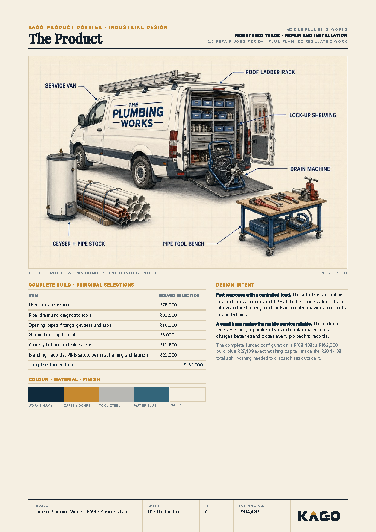 The product page showing the plumbing business and what it sells