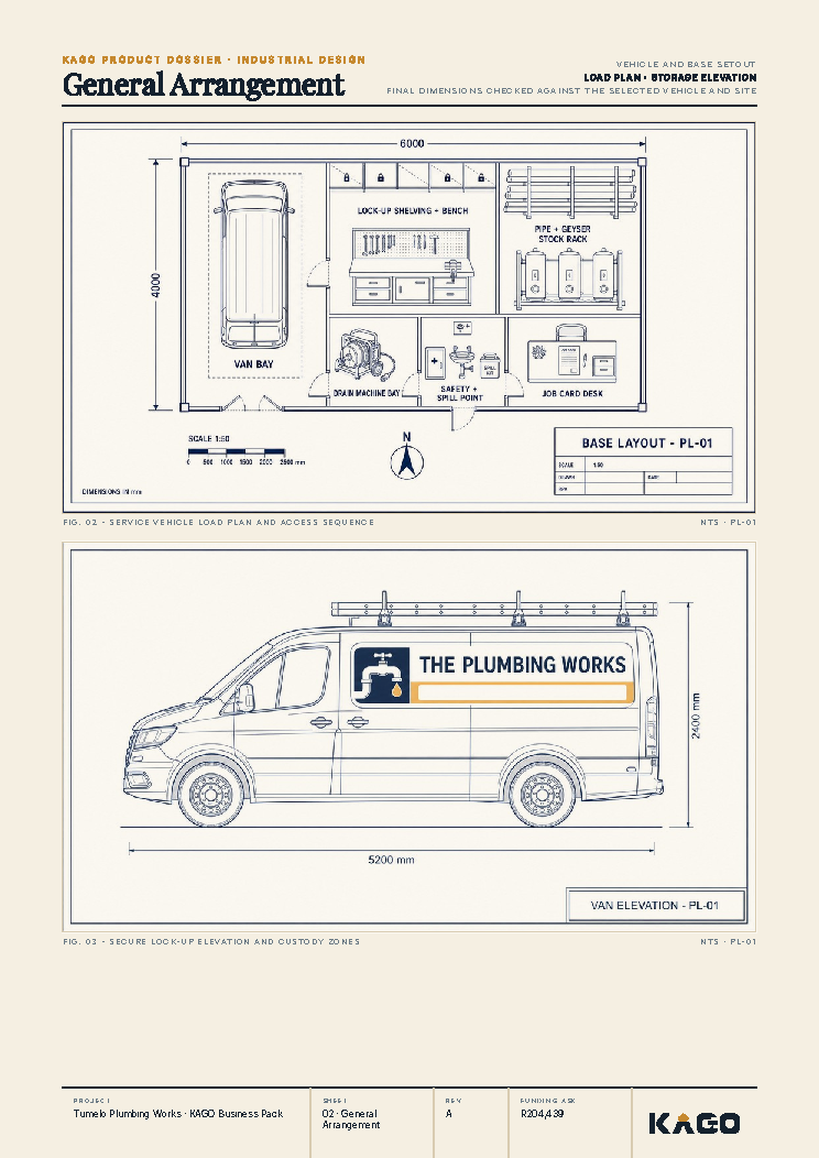 Floor plan and side elevation technical drawing of the plumbing business