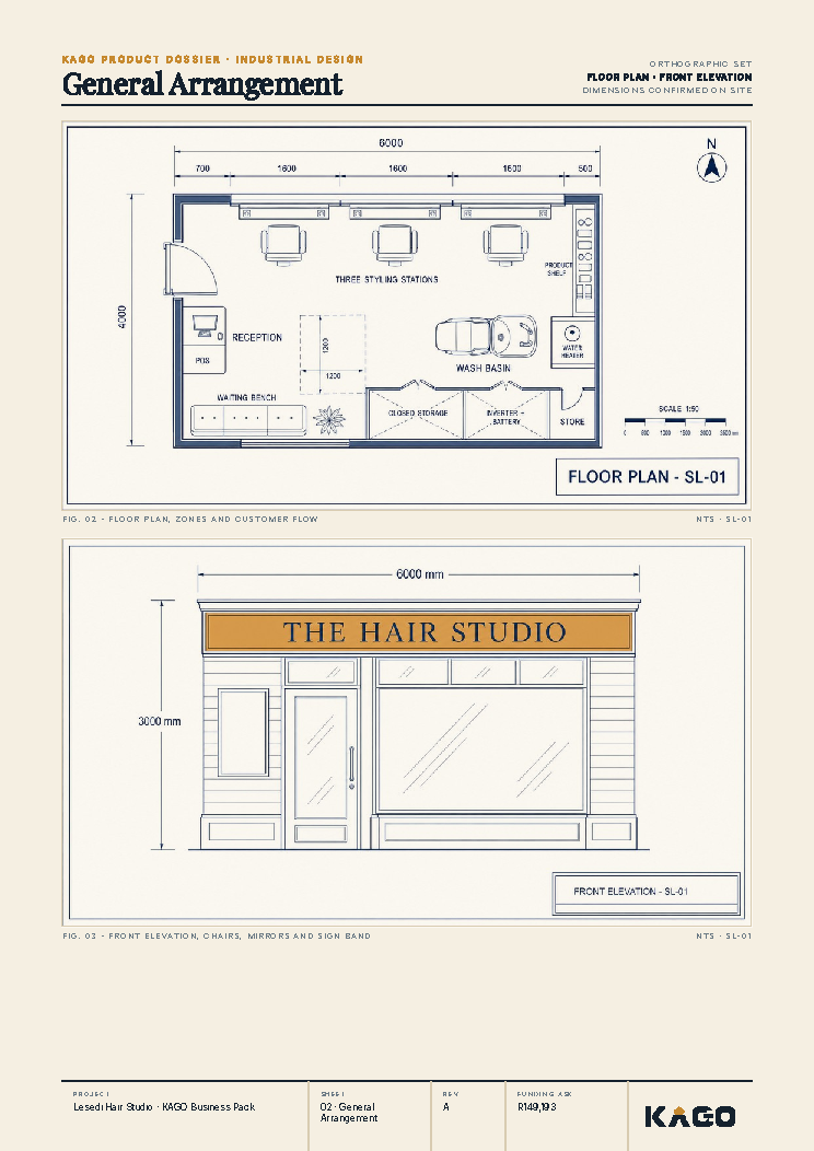 Floor plan and side elevation technical drawing of the hair salon