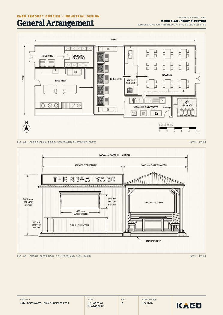 Floor plan and side elevation technical drawing of the shisanyama