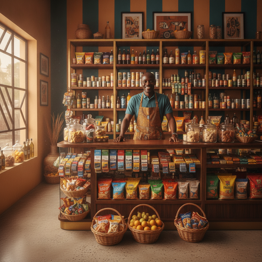 A modern branded township spaza shop a modern branded spaza shop at golden hour