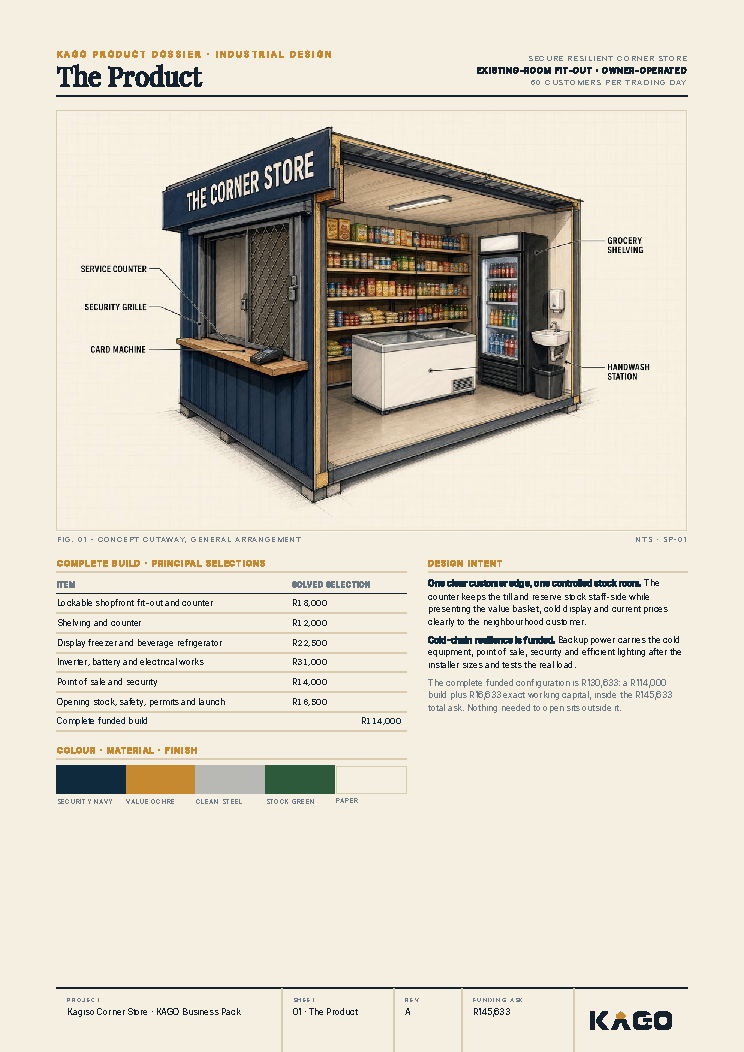 The product page showing the spaza shop and what it sells