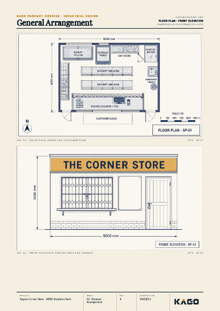 Floor plan and side elevation technical drawing of the spaza shop