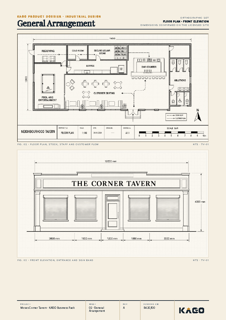 Floor plan and side elevation technical drawing of the tavern