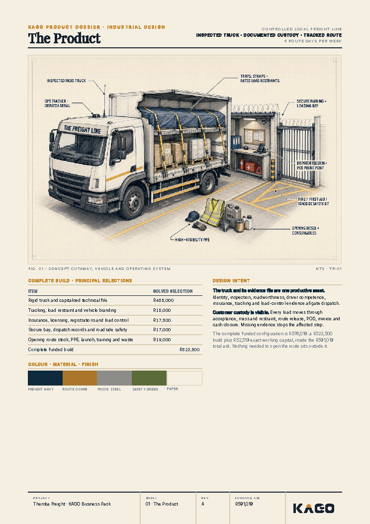 The product page showing the trucking business and what it sells
