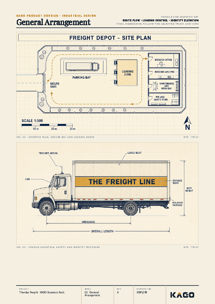 Floor plan and side elevation technical drawing of the trucking business