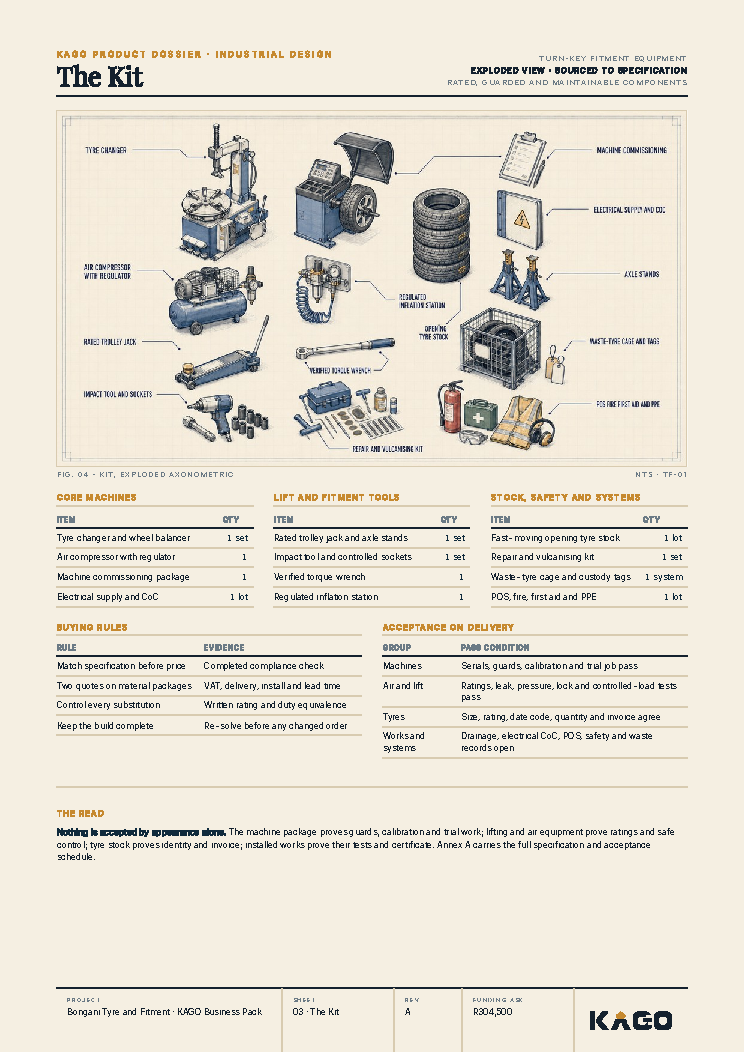 Exploded diagram of the tyre-fitment centre equipment and kit