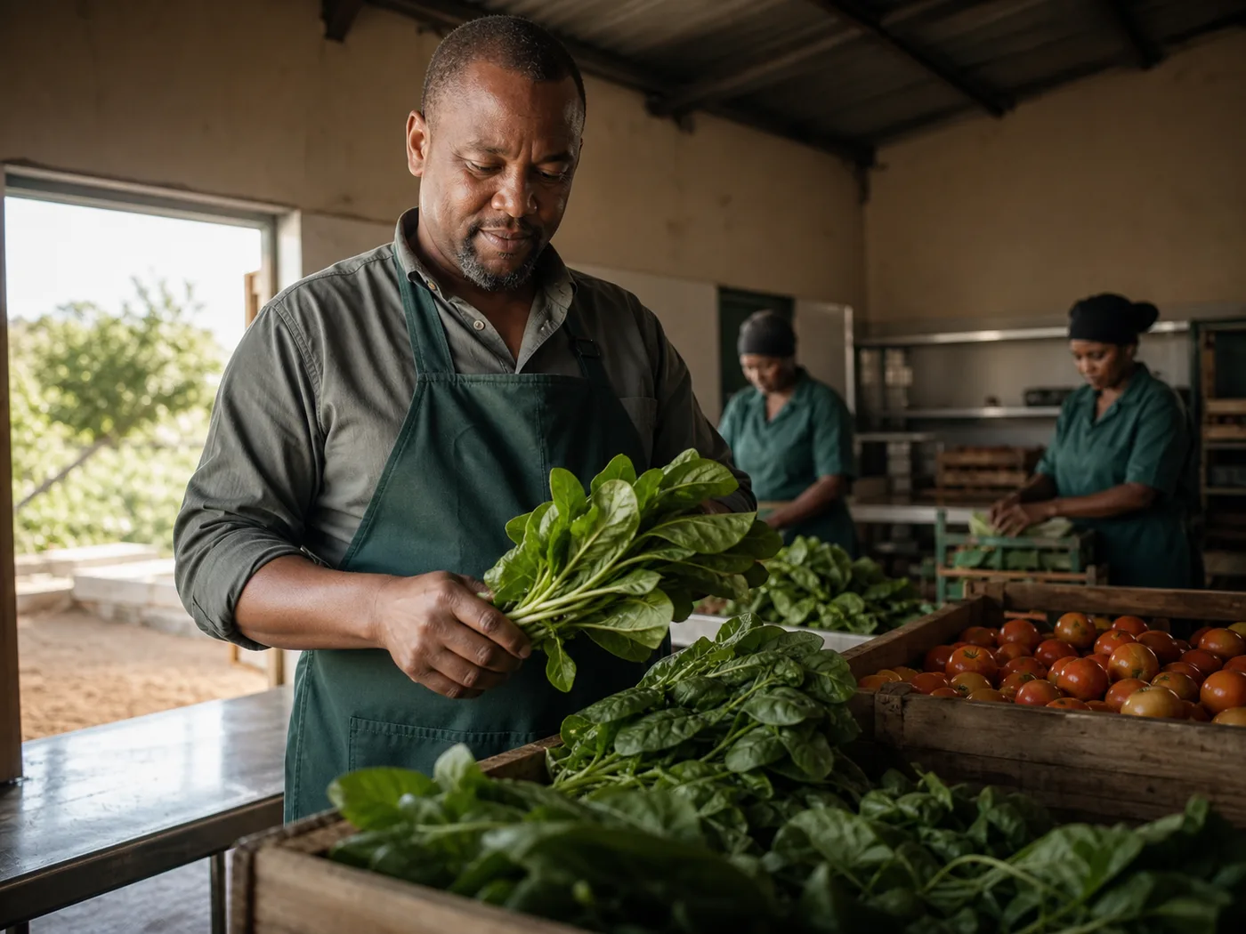 Farm owner inspecting freshly harvested vegetables in the pack-house