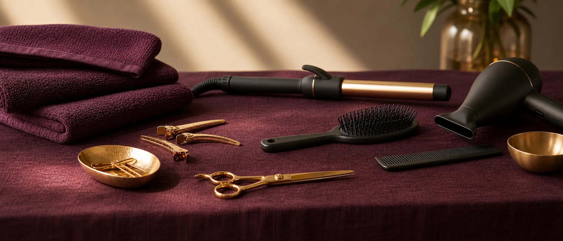 Styling tools and towels on plum linen
