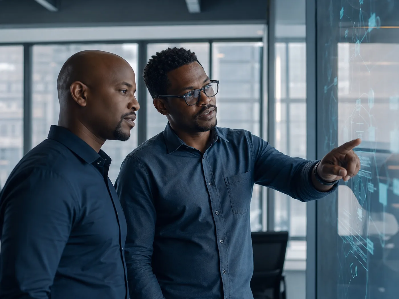 Two Kopano colleagues reviewing a network dashboard