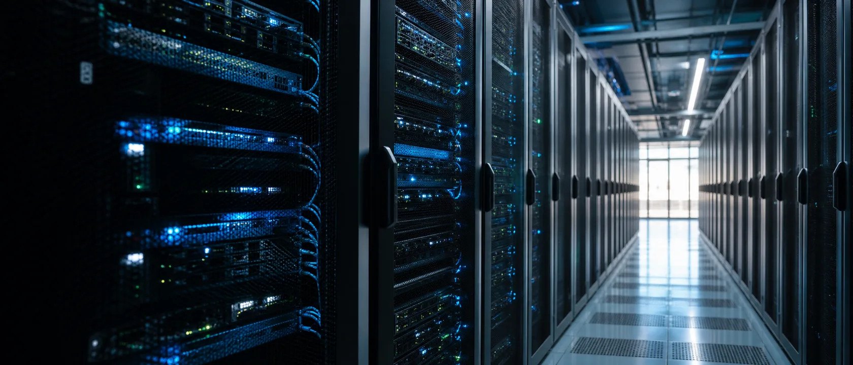 Rows of illuminated server racks in a modern data centre