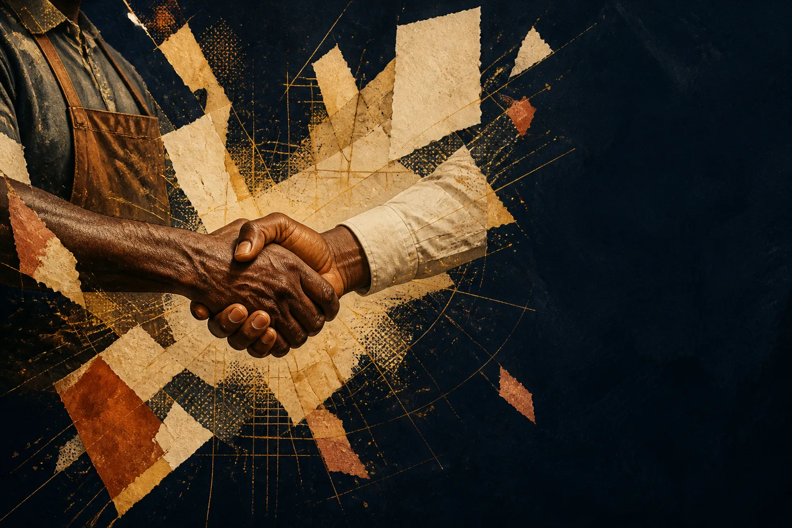 A handshake between two business people, radiating into torn paper and gold lines