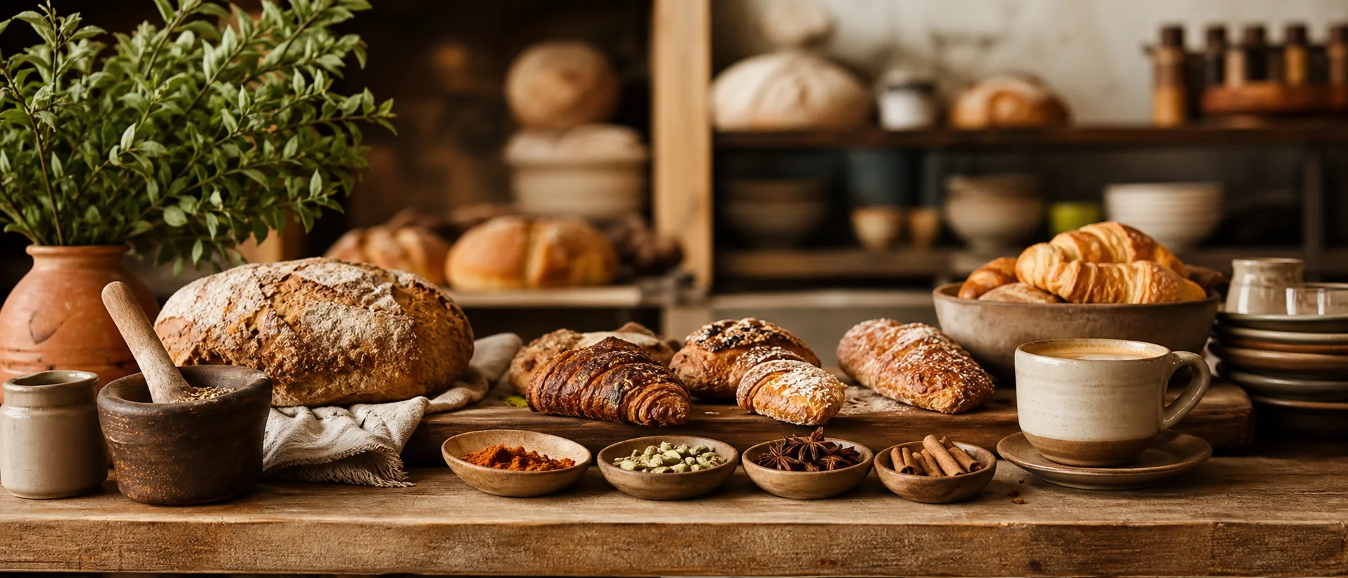 Fresh bread, coffee and spices laid out on the kitchen counter