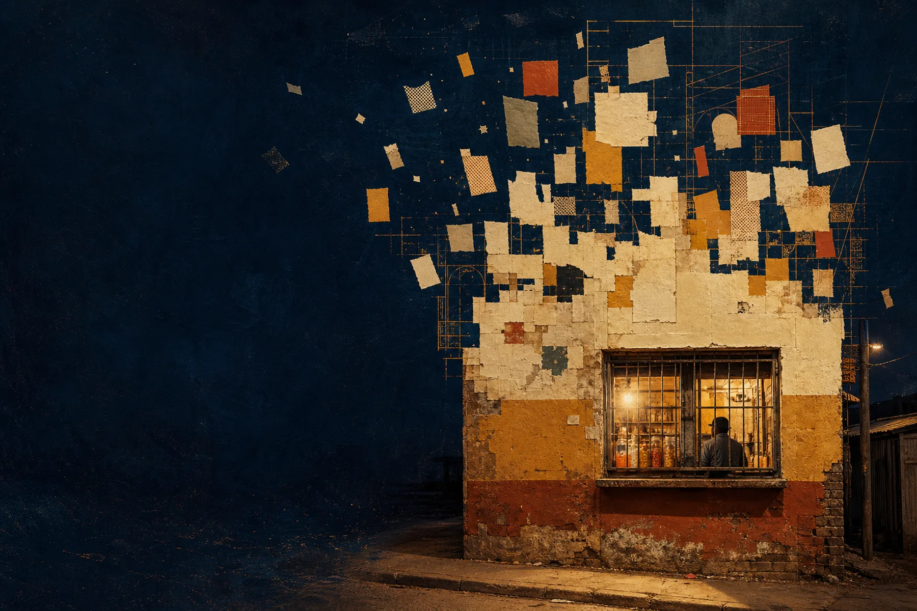 A township shop at night, its wall dissolving upward into drifting paper
