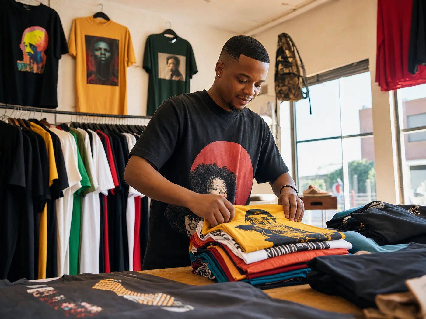 The shop owner folding printed streetwear tees in a bright Soweto studio