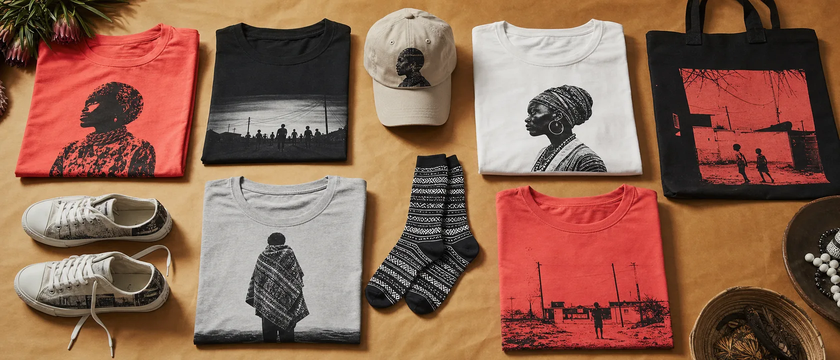 A flat-lay of folded Kasi Threads streetwear - tees, a cap, a tote and accessories