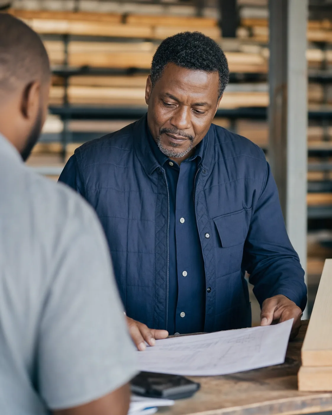 Depot owner checking a builder's cut list at the counter