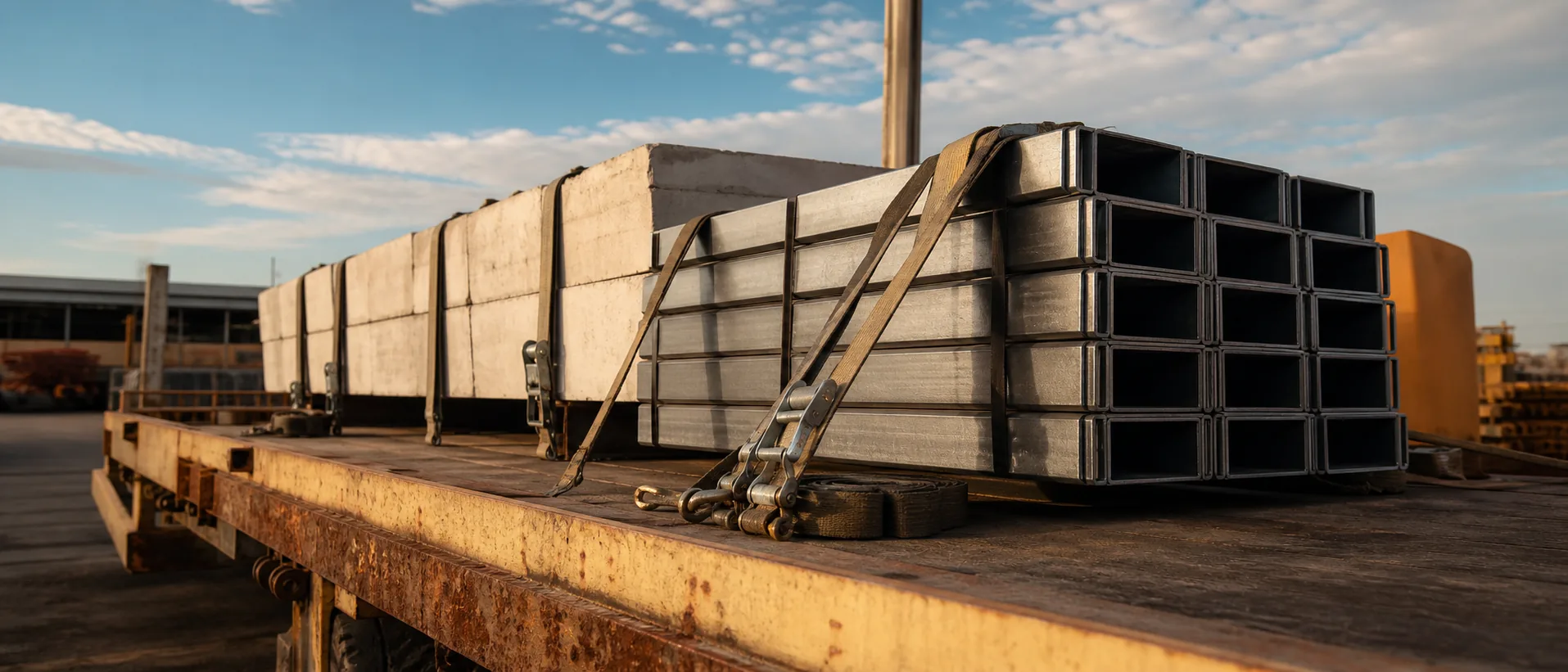 Strapped steel and cement bags loaded on a flatbed in the yard