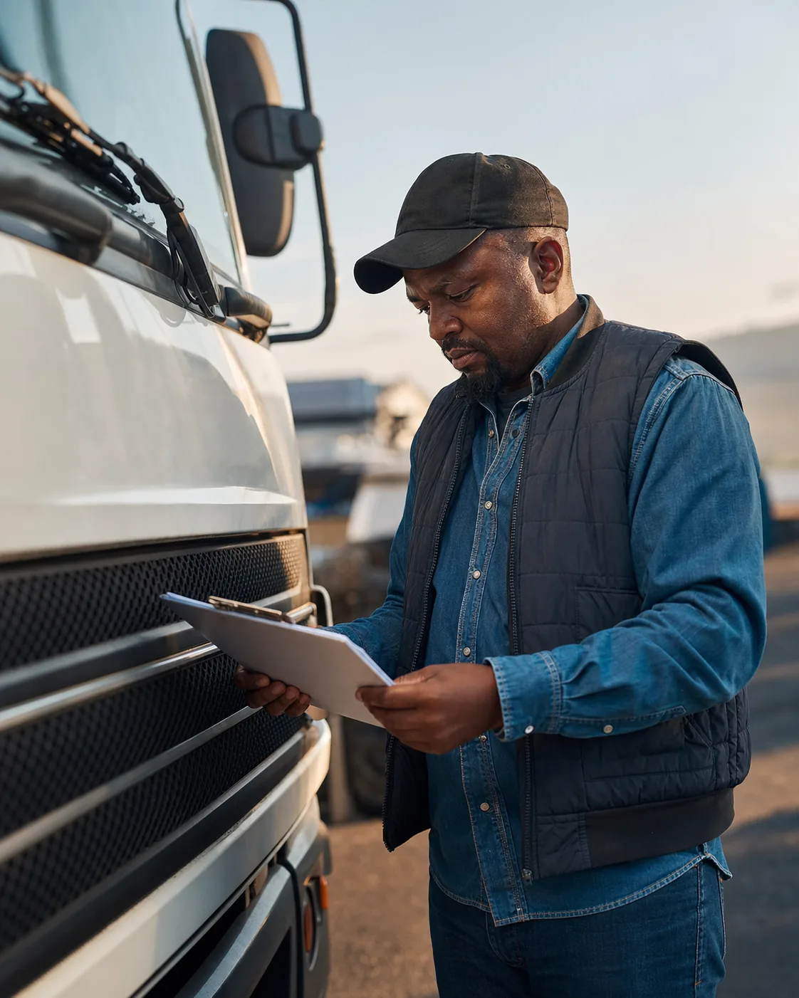 A driver confirming the day's run sheet beside the truck