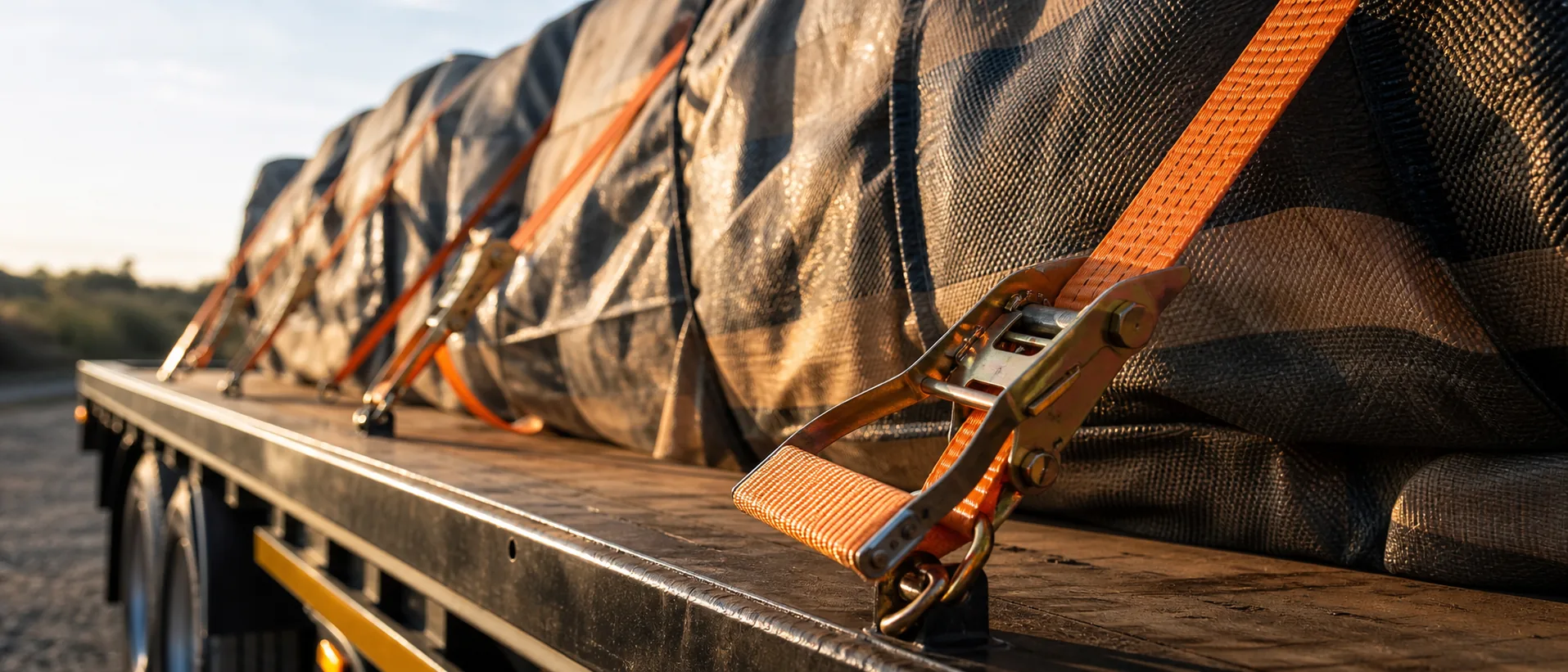 Straps pulled tight over a checked load on the trailer bed